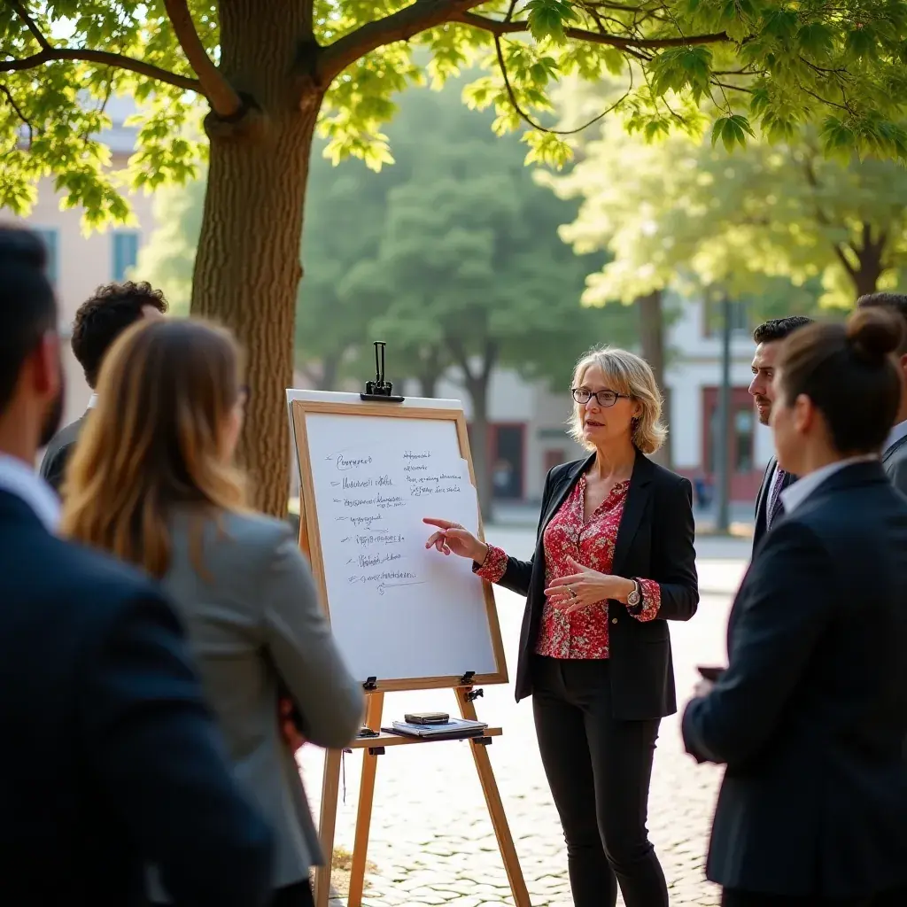 Rappresentante di un'azienda presenta un progetto a un gruppo di investitori